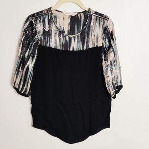 Rebecca Taylor Mixed Print Paint Zip Neckline Blouse Silk Black Size 2